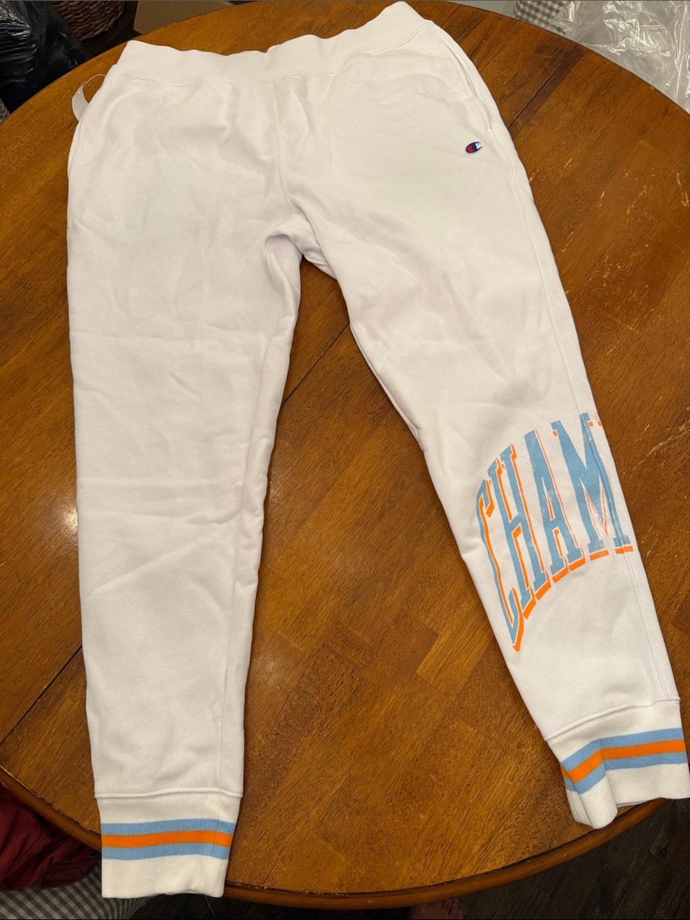 Champion White Joggers with Blue & Orange Lettering xl